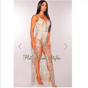 Nude Embroidered Floral Sheer Mesh Maxi Dress